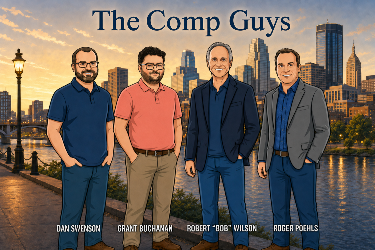 The Comp Guys: Dan Swenson, Grant Buchanan, Bob Wilson, and Roger Poehls in front of the Minneapolis skyline